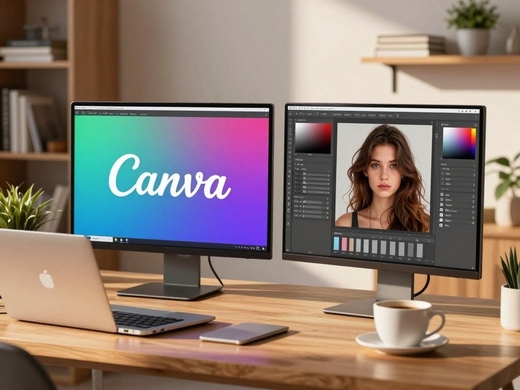 A Canva social graphic beside a Photoshop image edit A Canva social graphic beside a Photoshop image edit