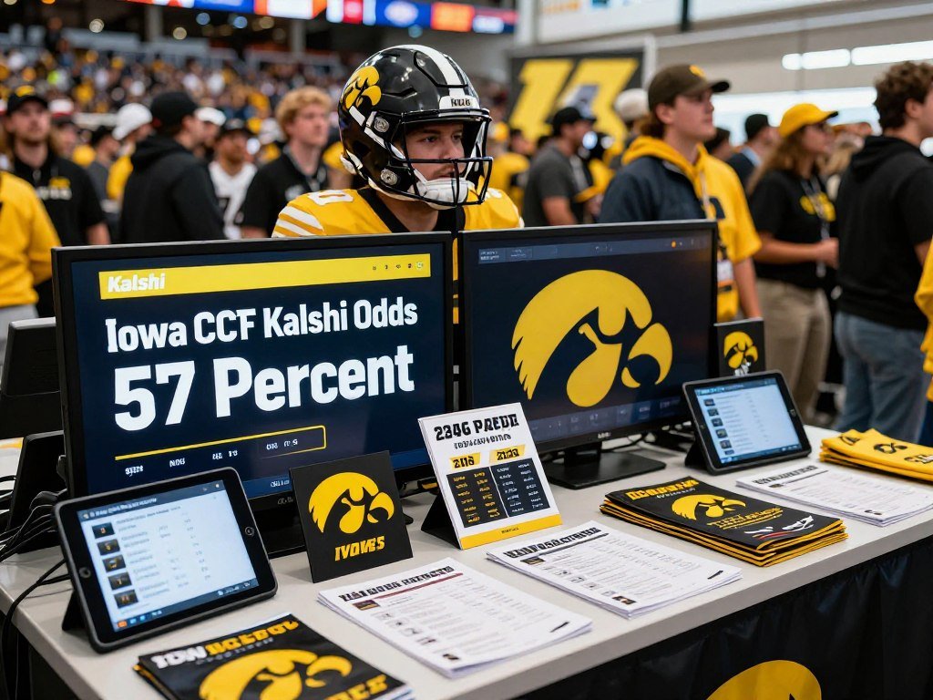 A Kalshi market display beside Iowa football playoff notes A Kalshi market display beside Iowa football playoff notes