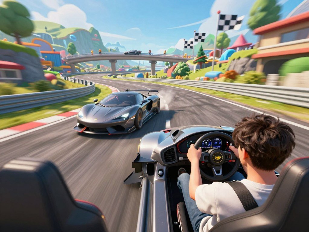 A PC player races vehicles along a user-made time-trial track A PC player races vehicles along a user-made time-trial track
