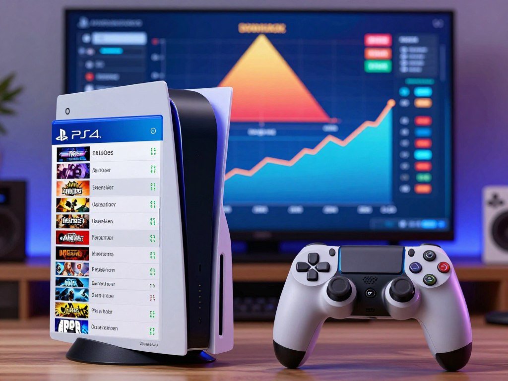 A PS4 game list beside a controller and download chart A PS4 game list beside a controller and download chart