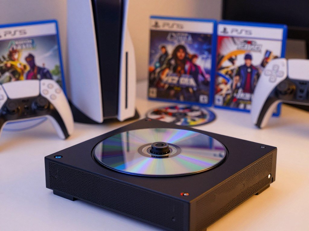 A PS5 disc drive beside physical games and movie discs A PS5 disc drive beside physical games and movie discs