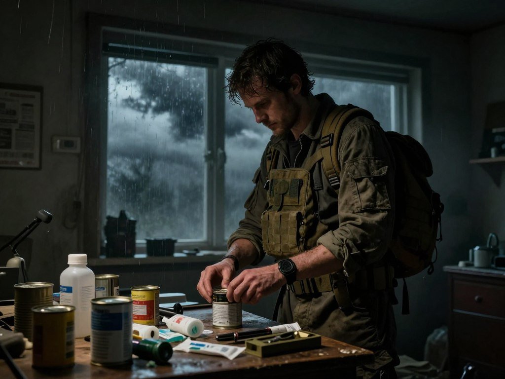 A Project Zomboid survivor checking supplies as bad weather closes in A Project Zomboid survivor checking supplies as bad weather closes in