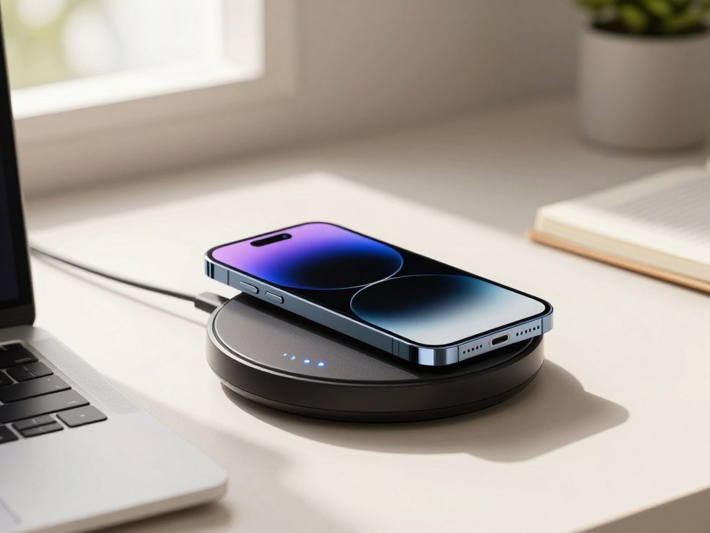 A Qi2 wireless charger sits beside a compatible phone A Qi2 wireless charger sits beside a compatible phone