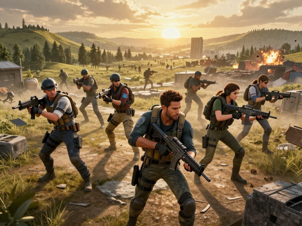 A battle royale squad moves across a wide map