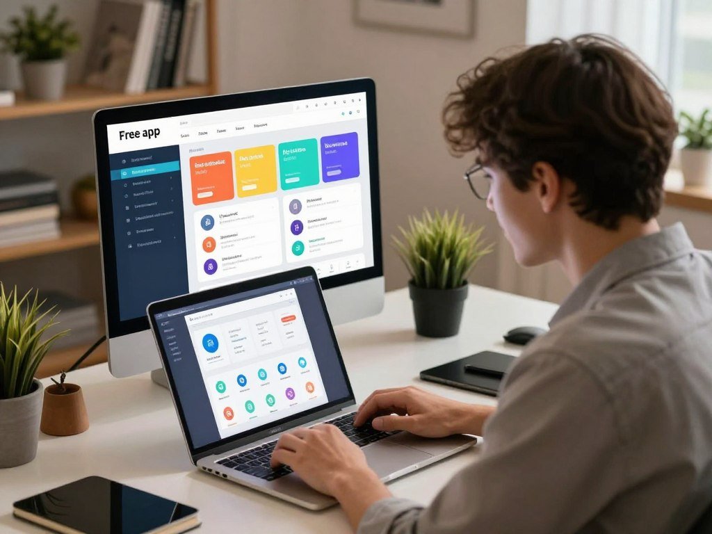 A beginner compares free app builder plans on screen