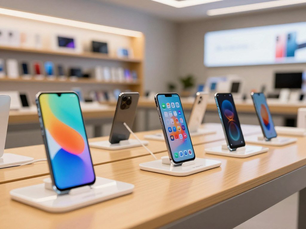 A budget phone beside flagship models on a store counter A budget phone beside flagship models on a store counter