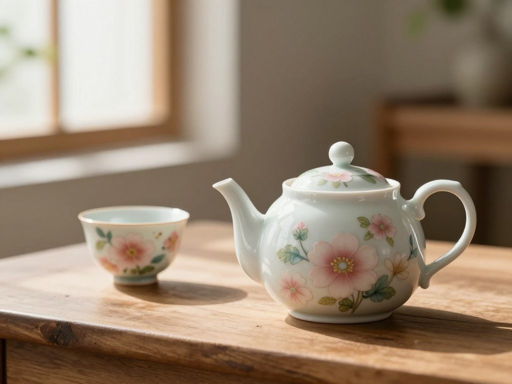 A ceramic teapot prompt describes soft light and square framing A ceramic teapot prompt describes soft light and square framing