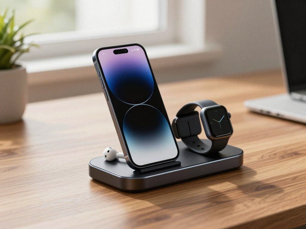 A charging station holds a phone watch and wireless earbuds A charging station holds a phone watch and wireless earbuds