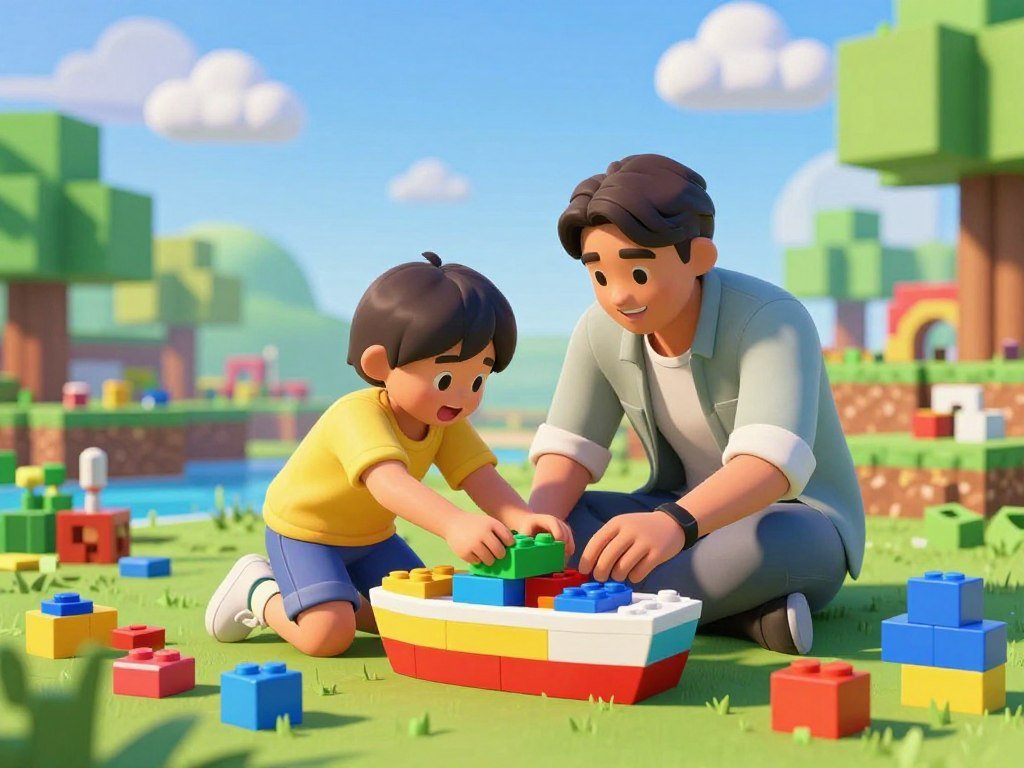 A child builds a boat in a Roblox game with a parent