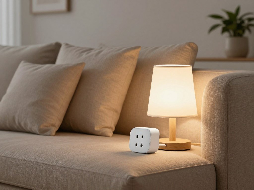 A compact smart plug controls a lamp beside a sofa A compact smart plug controls a lamp beside a sofa