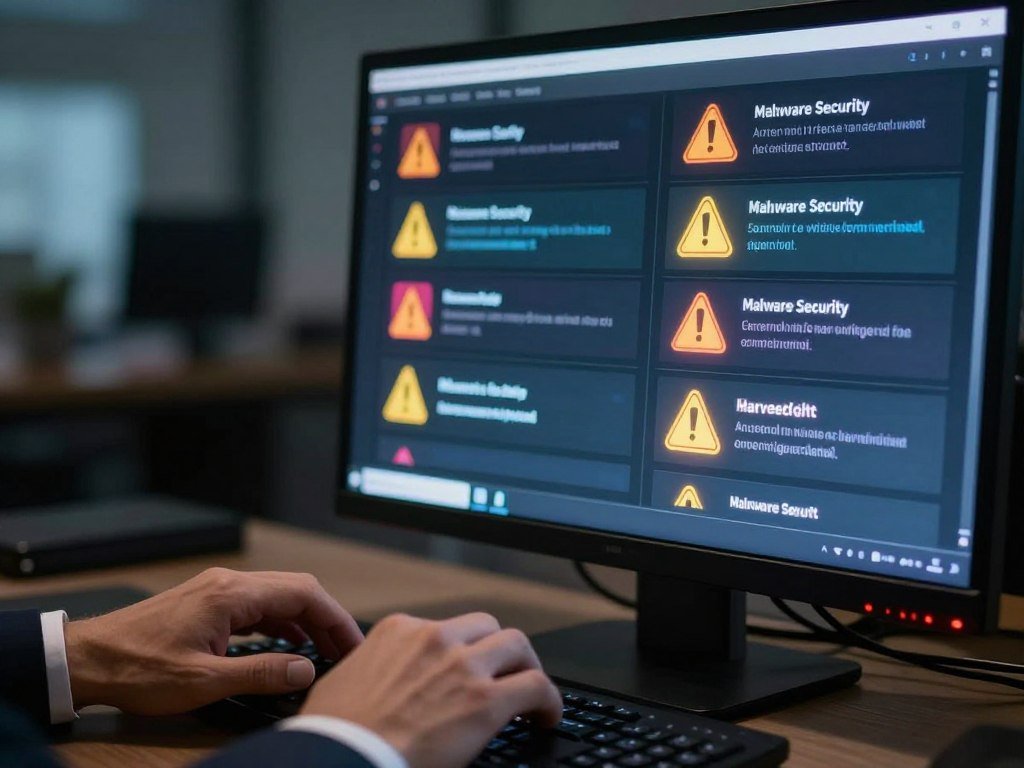 A computer screen shows malware security alerts A computer screen shows malware security alerts