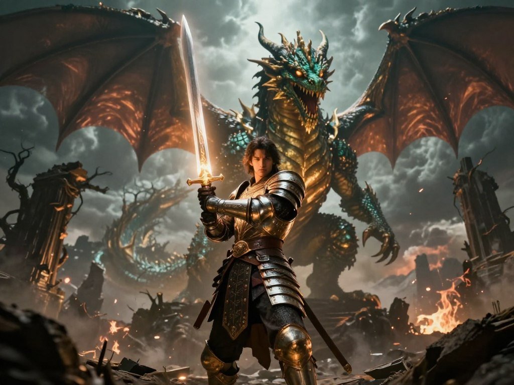 A created fantasy hero facing a giant monster in combat A created fantasy hero facing a giant monster in combat