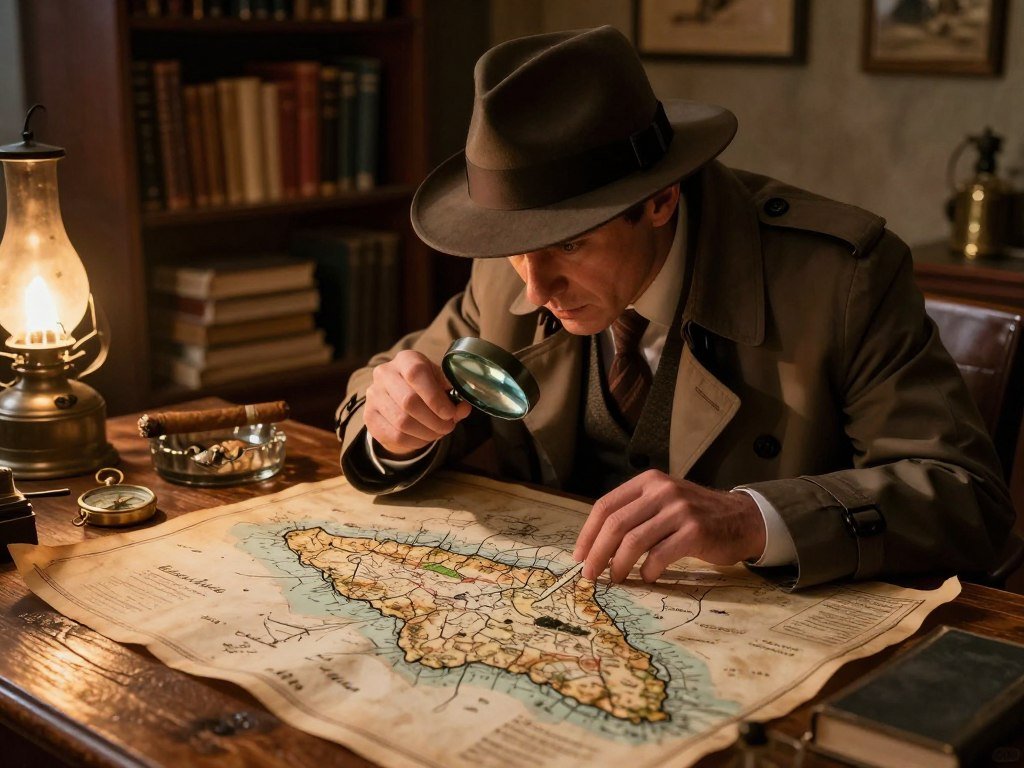 A detective studies a clue beside a weathered island map