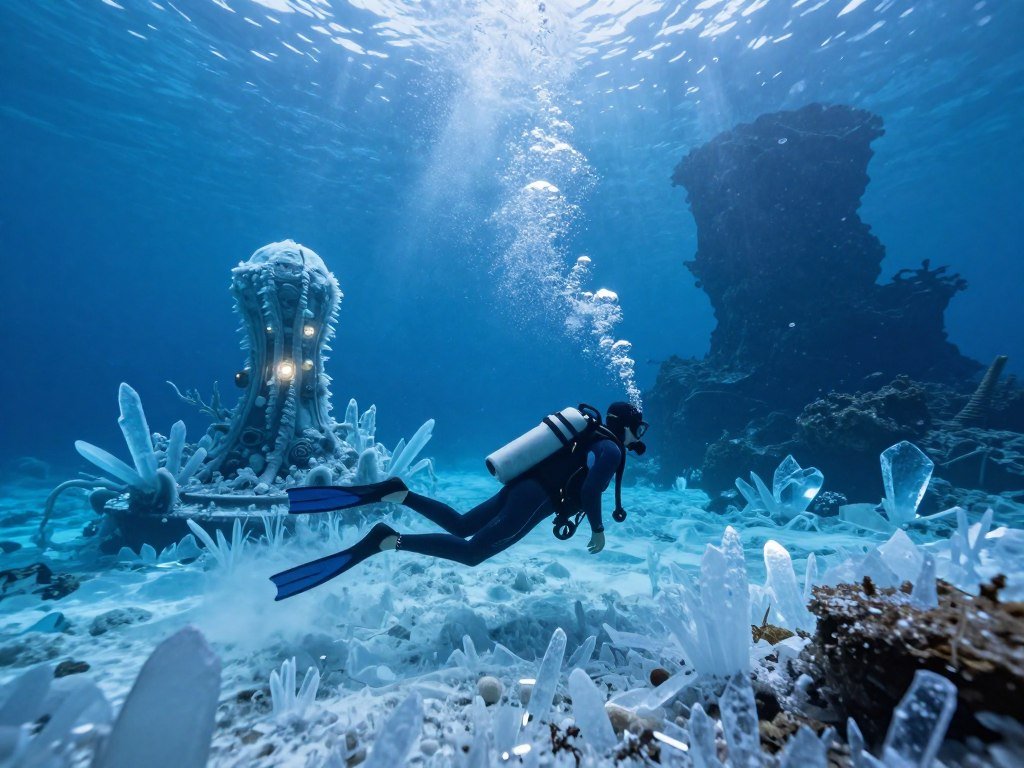 A diver explores icy waters near an alien research site A diver explores icy waters near an alien research site