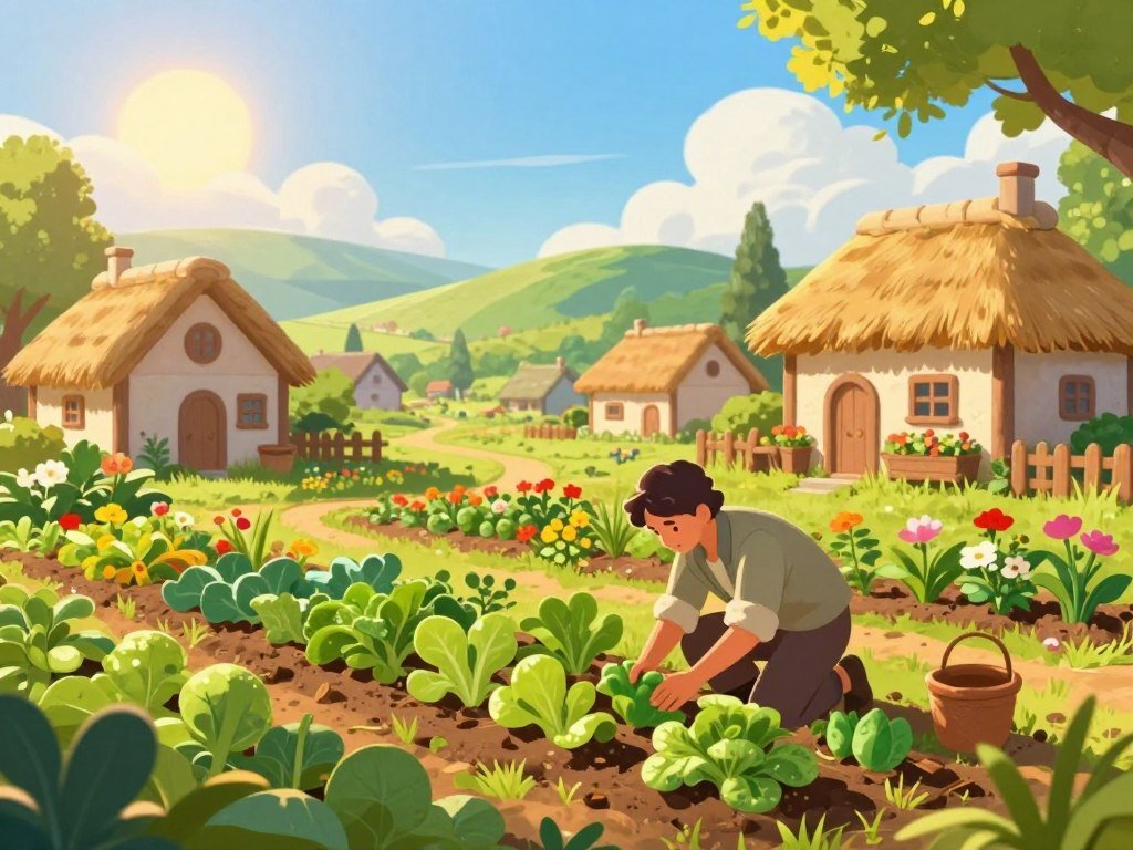 A farmer works crops beside a village in a cozy game A farmer works crops beside a village in a cozy game