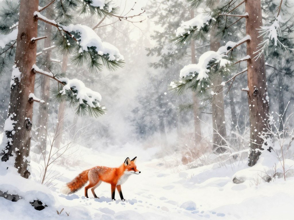 A fox prompt adds a snowy forest and watercolor style