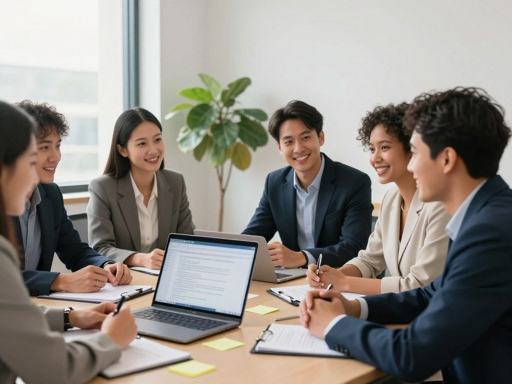 A group discusses ideas while keeping online behavior respectful A group discusses ideas while keeping online behavior respectful