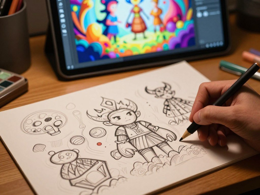 A hand-drawn sketch guides a new digital art composition