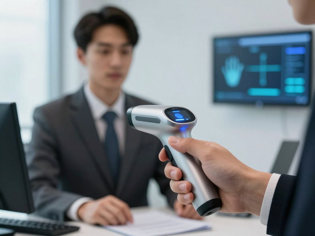 A hand scanner reads physical biometric traits
