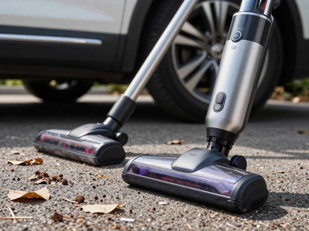 A handheld vacuum and shop vac beside loose car floor debris A handheld vacuum and shop vac beside loose car floor debris