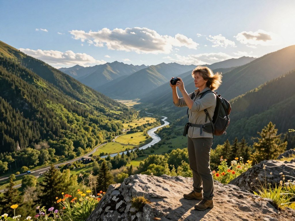 A hiker photographs a wide valley with a camera phone