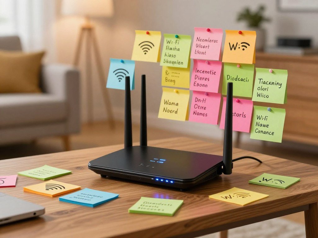 A home router beside a list of funny Wi-Fi names A home router beside a list of funny Wi-Fi names
