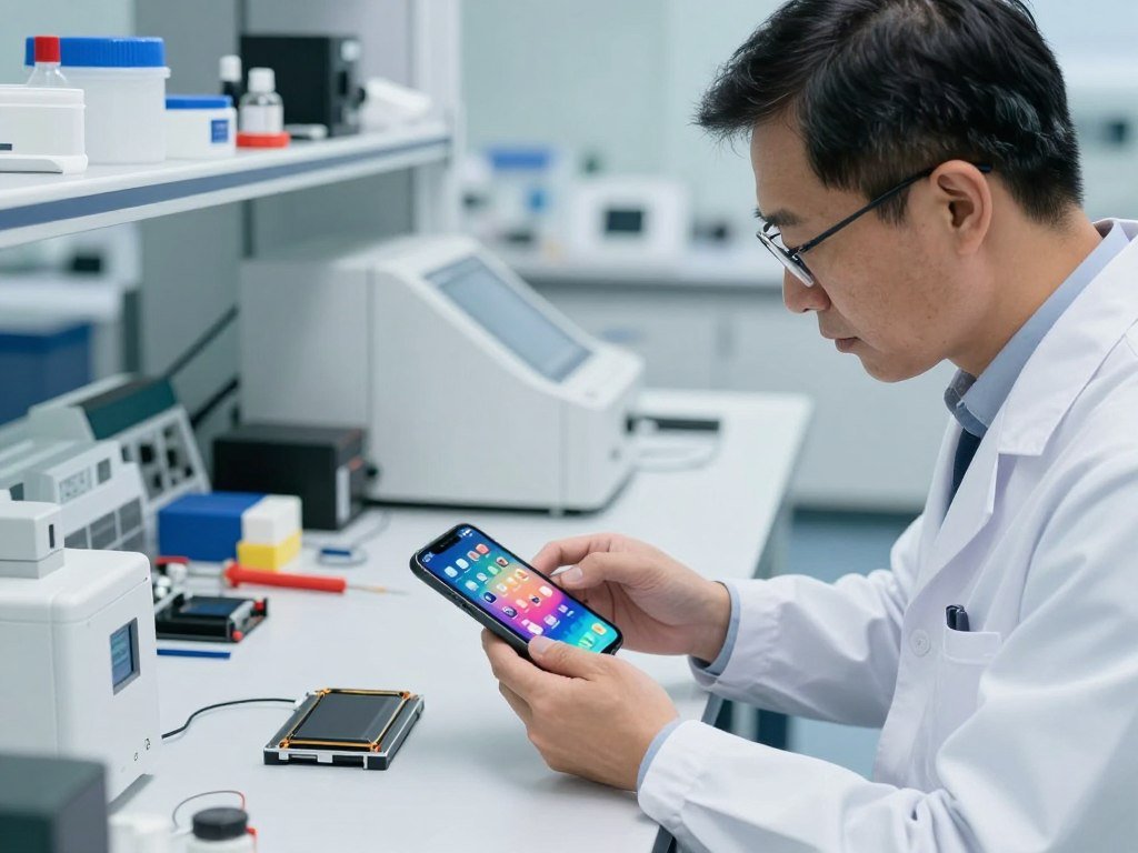 A lab technician checks a smartphone display and battery A lab technician checks a smartphone display and battery