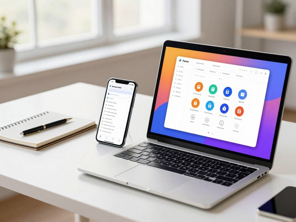 A laptop and phone showing access to a synced password vault