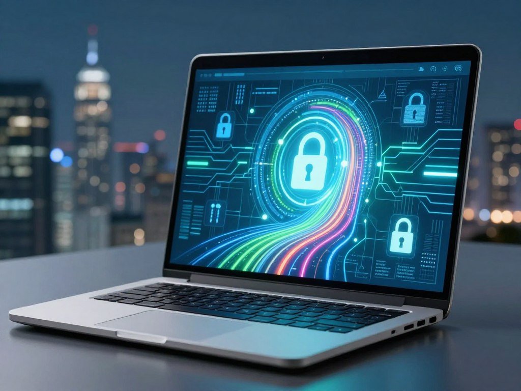 A laptop connecting through an encrypted VPN tunnel A laptop connecting through an encrypted VPN tunnel