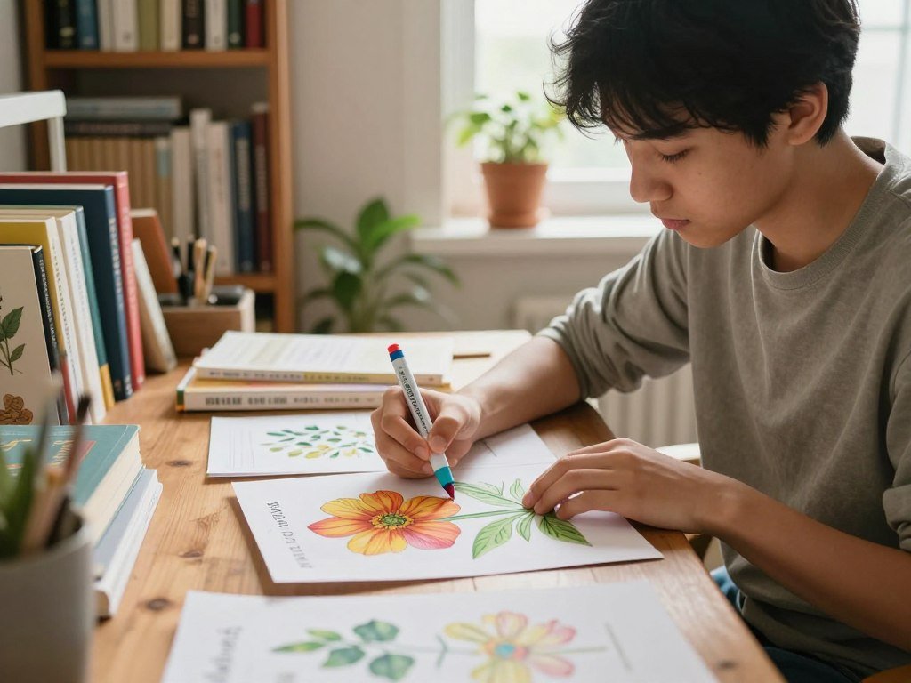 A learner labels a flower diagram while studying language A learner labels a flower diagram while studying language
