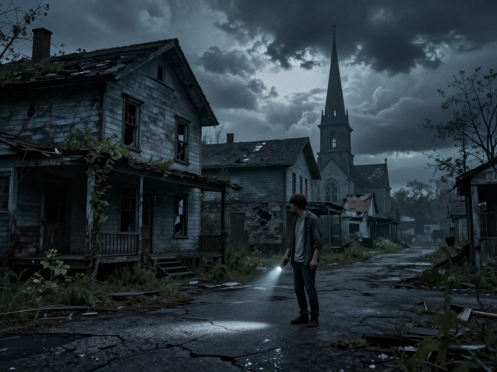A lone player explores a deserted town in a horror game