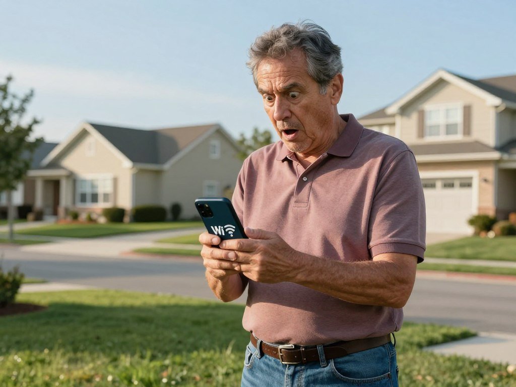 A neighbor noticing a sarcastic Wi-Fi name on a phone A neighbor noticing a sarcastic Wi-Fi name on a phone