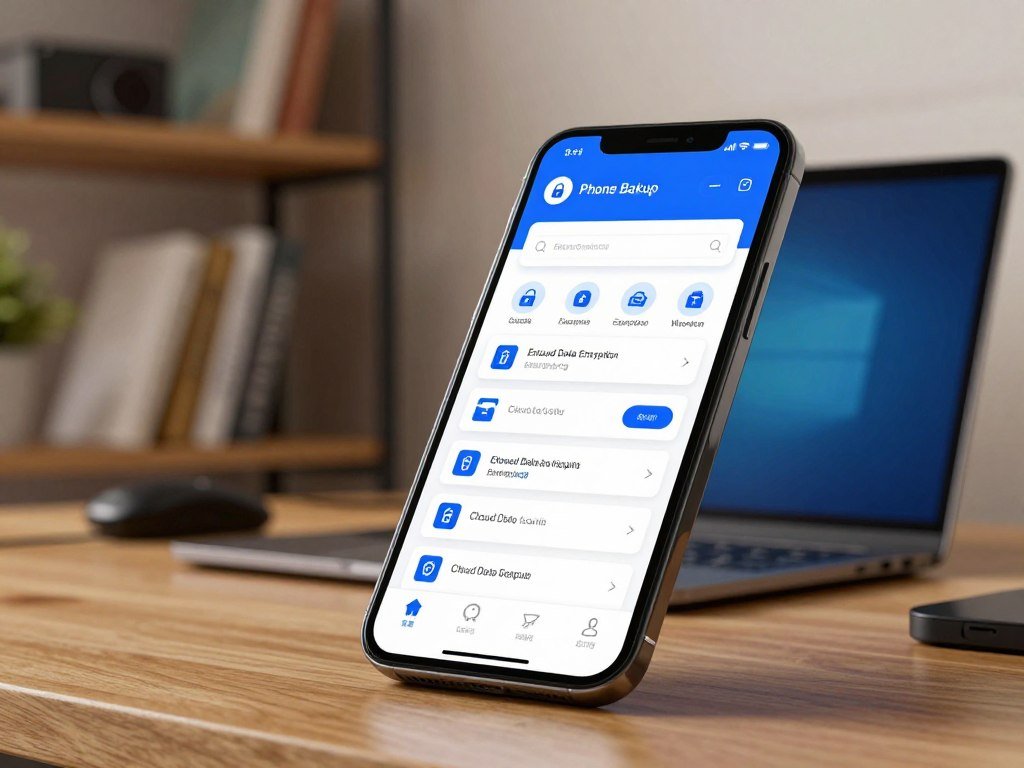 A phone backup screen shows cloud data encryption settings