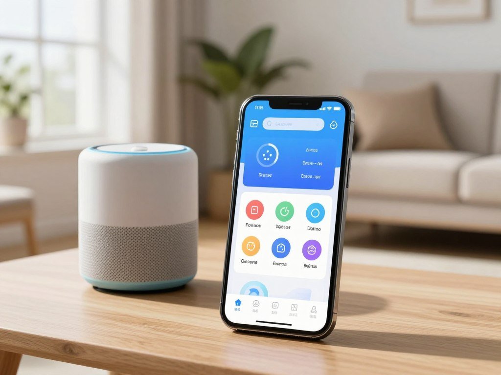 A phone displays smart home controls beside a speaker A phone displays smart home controls beside a speaker