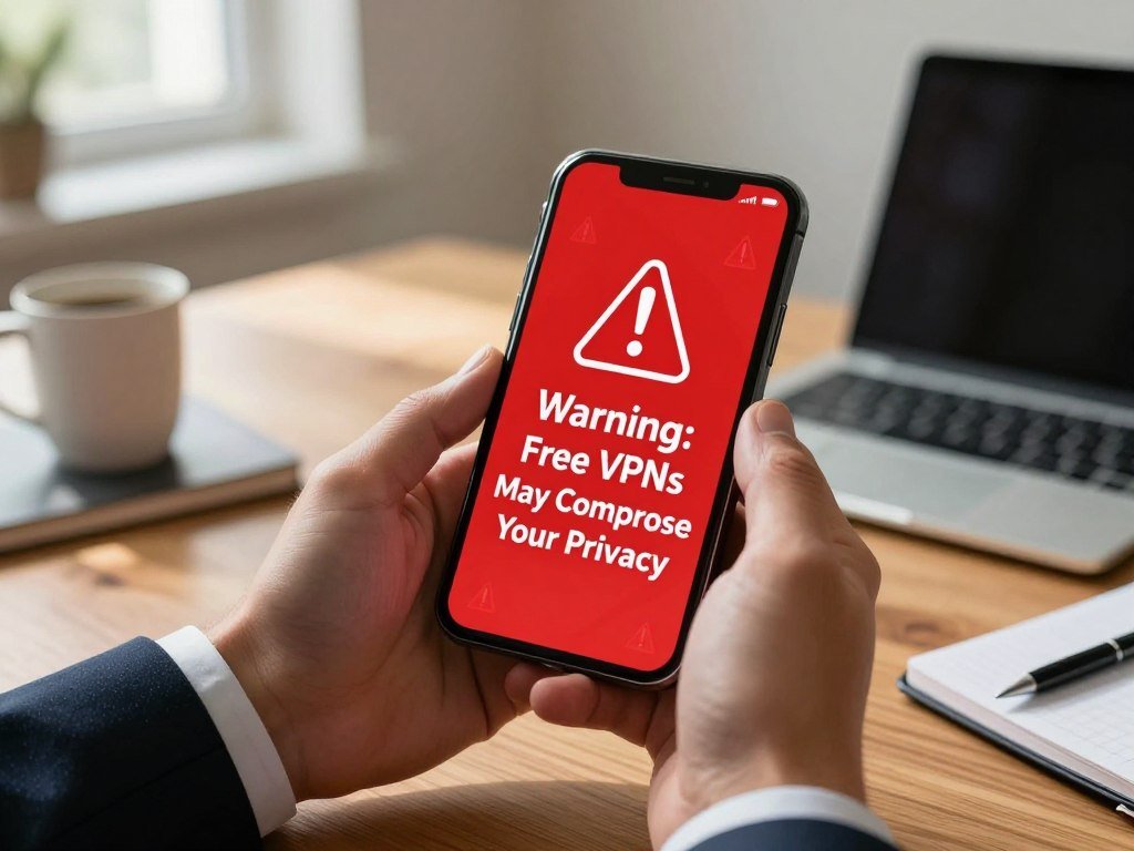 A phone screen shows a warning about free VPN privacy risks A phone screen shows a warning about free VPN privacy risks