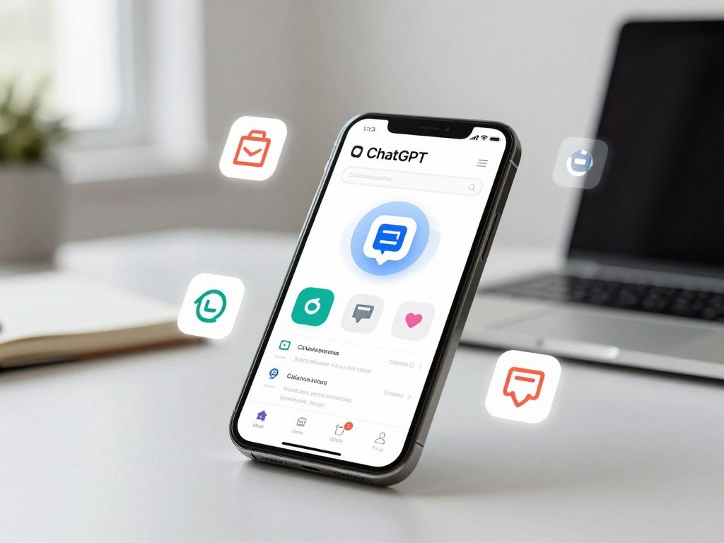 A phone showing the official ChatGPT app beside connected services
