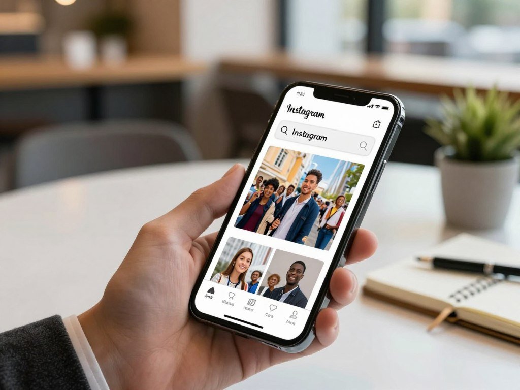 A phone shows Instagram text search beside a public photo