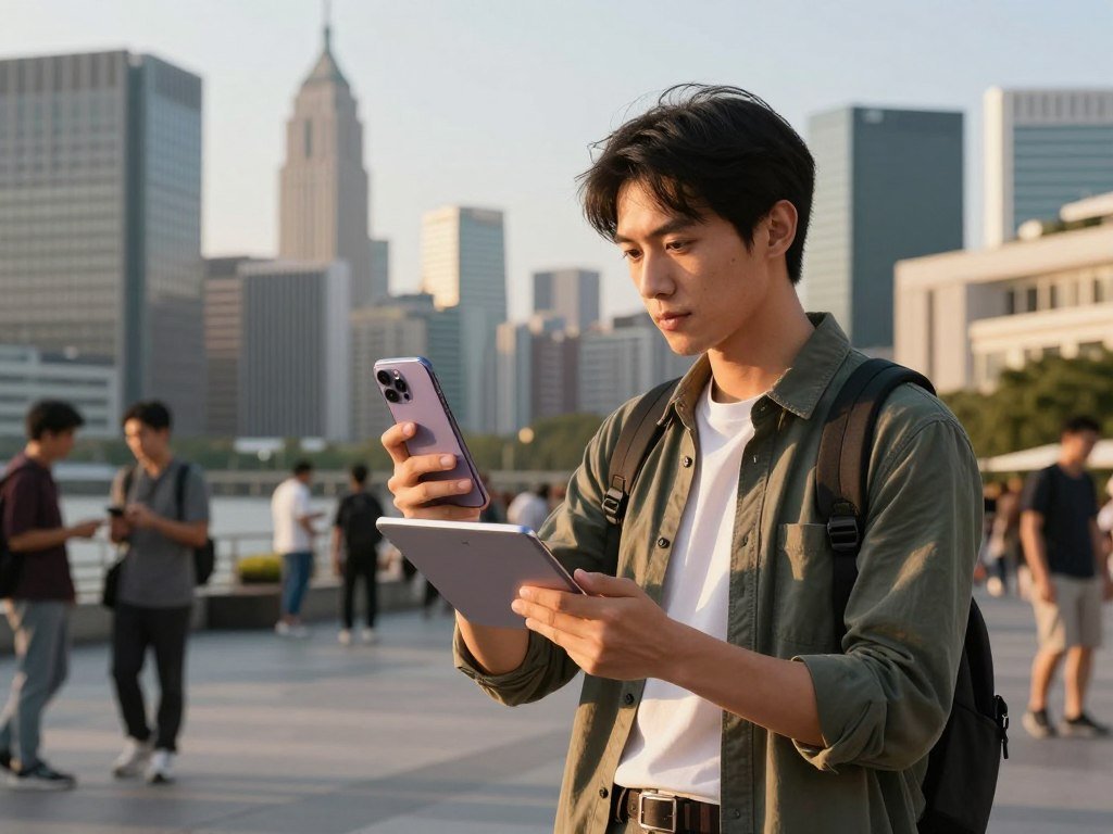 A photographer compares camera options before a city walk