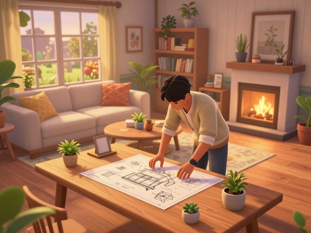 A player arranges a home in a cozy game A player arranges a home in a cozy game