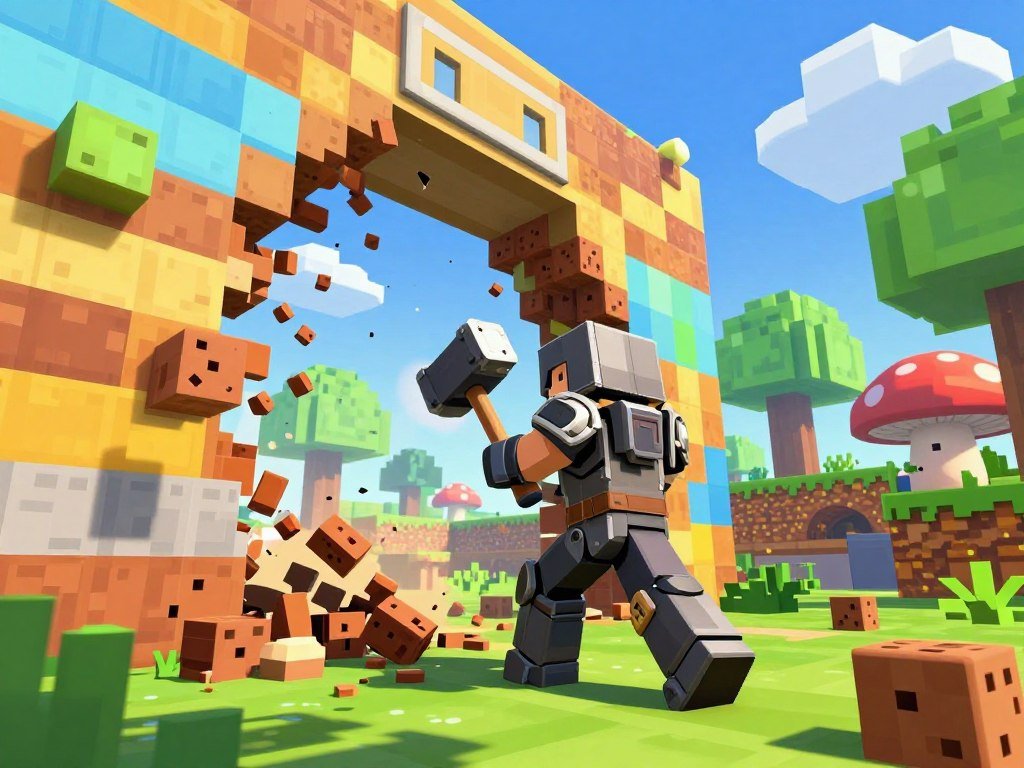 A player breaks through a building in a sandbox game A player breaks through a building in a sandbox game