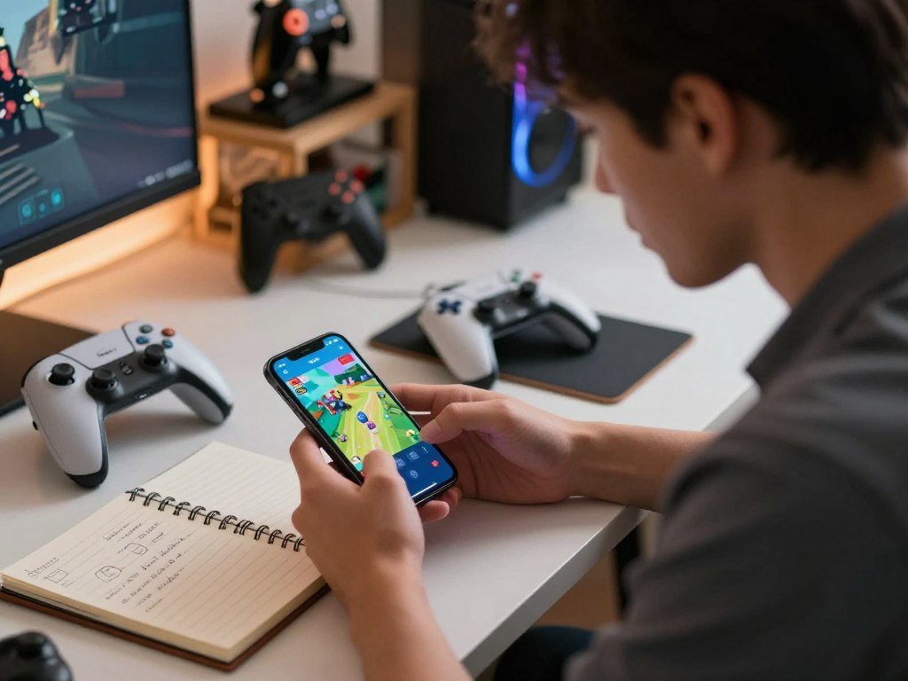A player checking iPhone game controls and offline access A player checking iPhone game controls and offline access