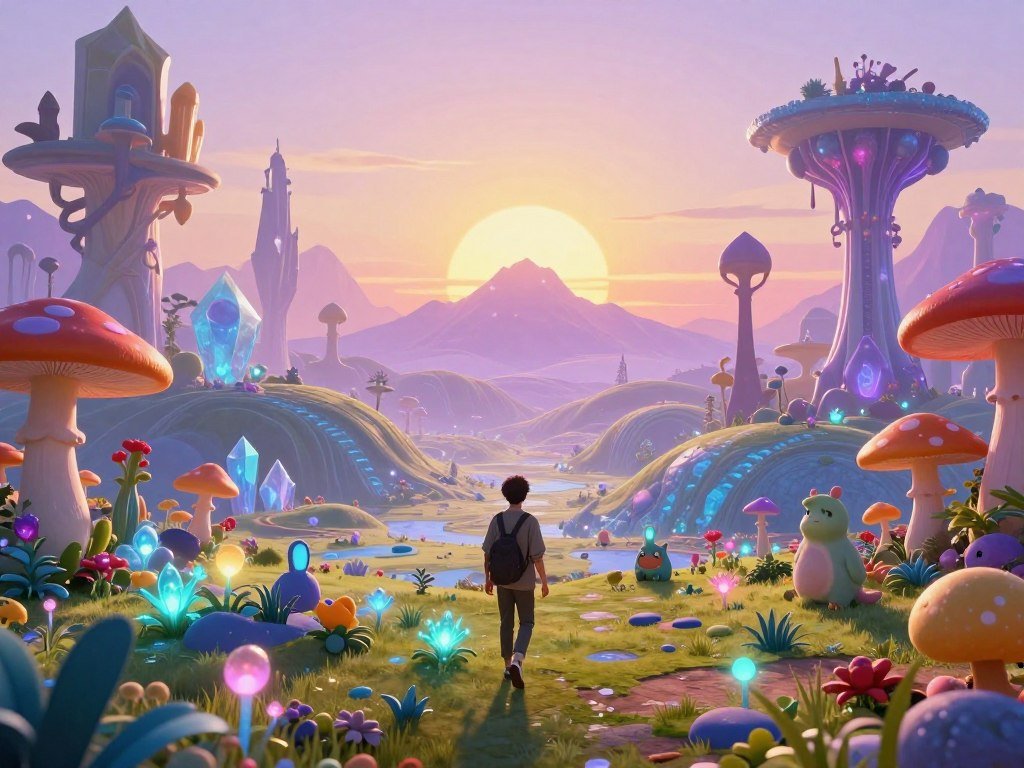 A player explores a strange planet in a sandbox world A player explores a strange planet in a sandbox world