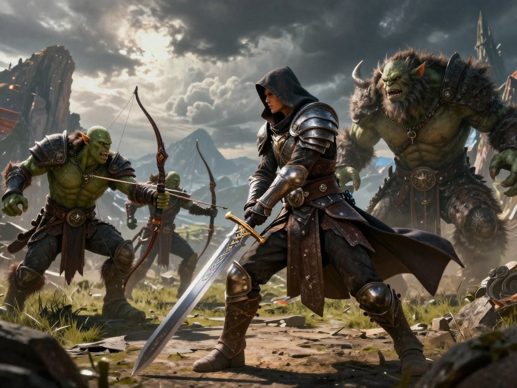 A player faces enemies during an action RPG battle A player faces enemies during an action RPG battle