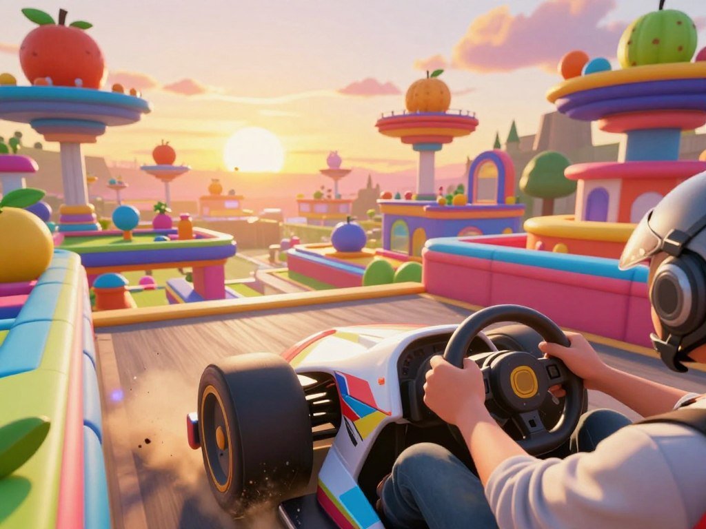 A player steers a car around obstacles in a platform game A player steers a car around obstacles in a platform game