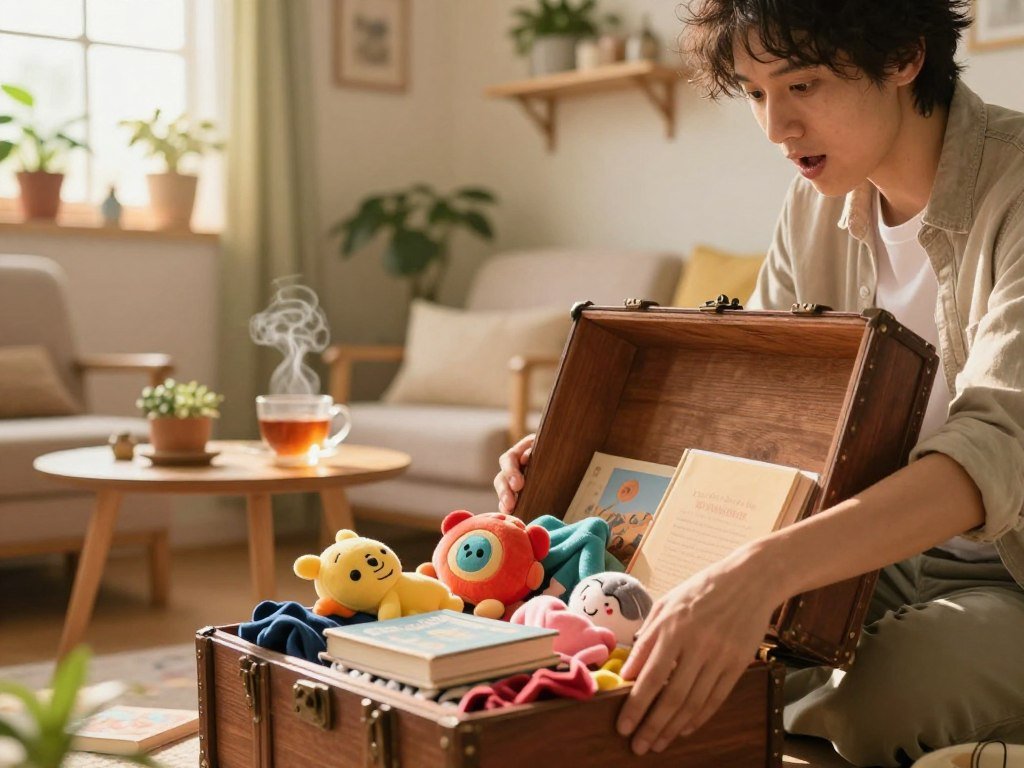 A player unpacks belongings in a cozy story game A player unpacks belongings in a cozy story game