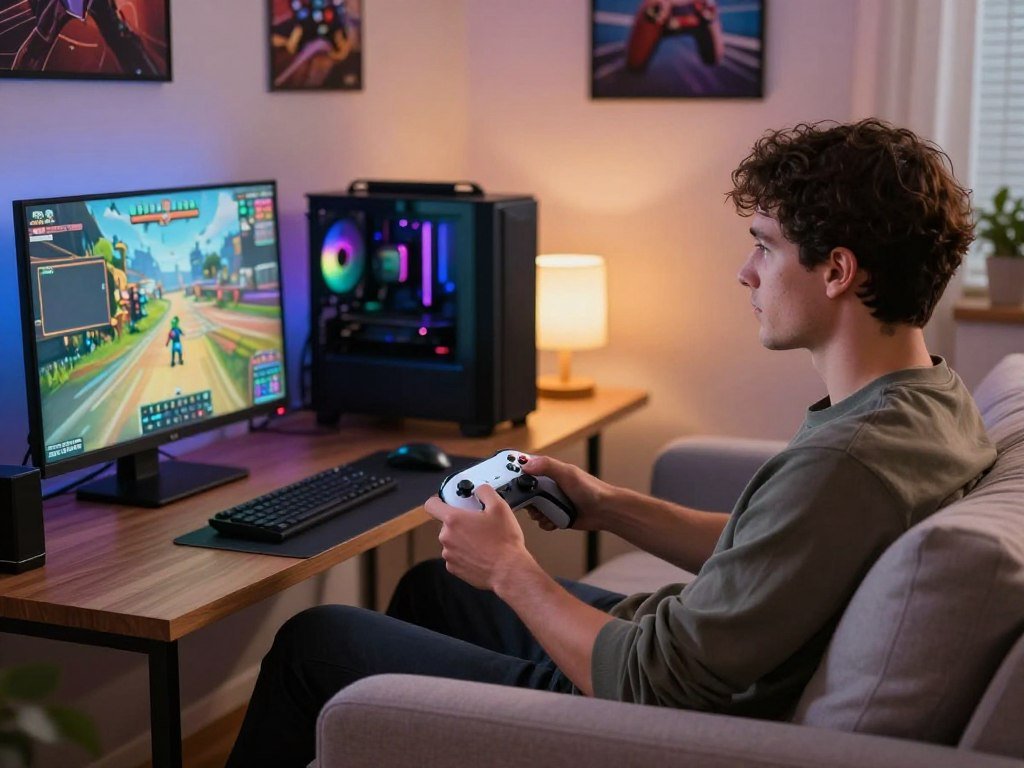 A player using cloud gaming beside a console and PC