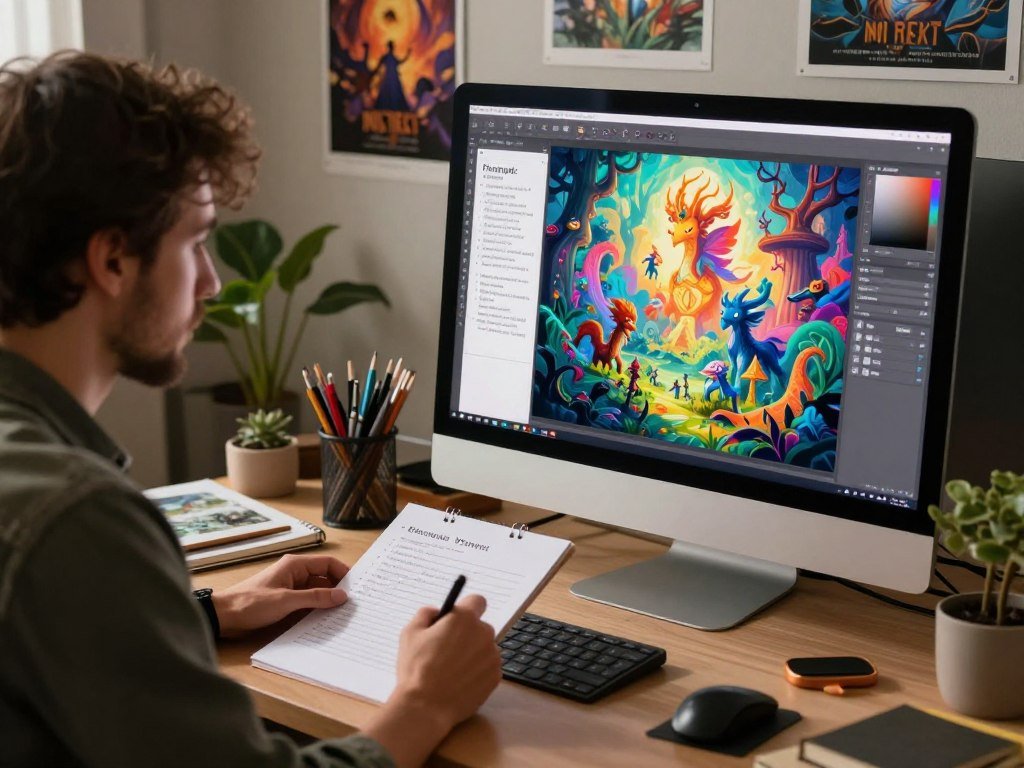 A prompt and reference image guide a digital art draft