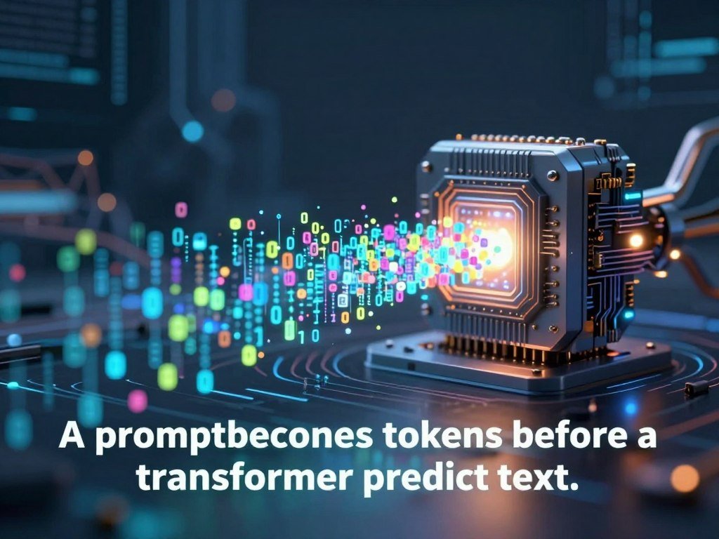 A prompt becomes tokens before a transformer predicts text