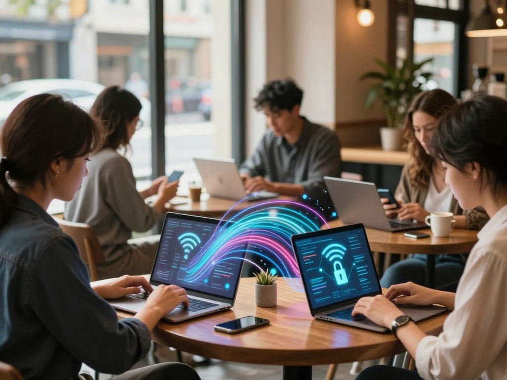 A public Wi-Fi connection protected by a VPN encrypted tunnel A public Wi-Fi connection protected by a VPN encrypted tunnel