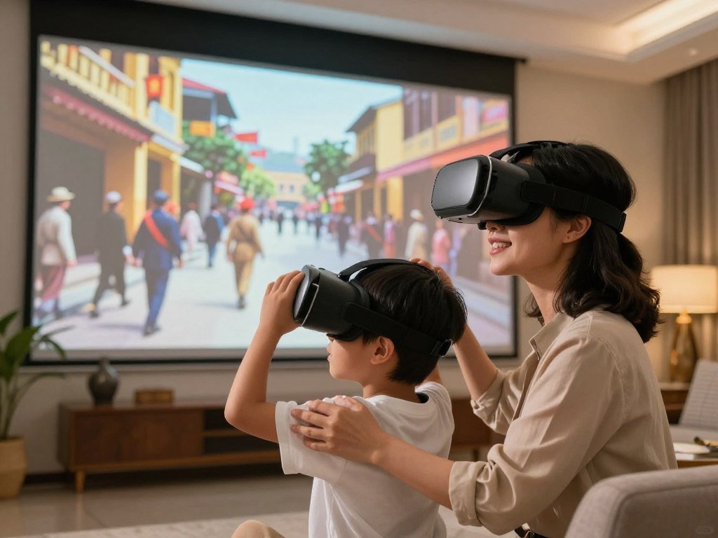 A resident and her son explore a virtual reality history experience A resident and her son explore a virtual reality history experience